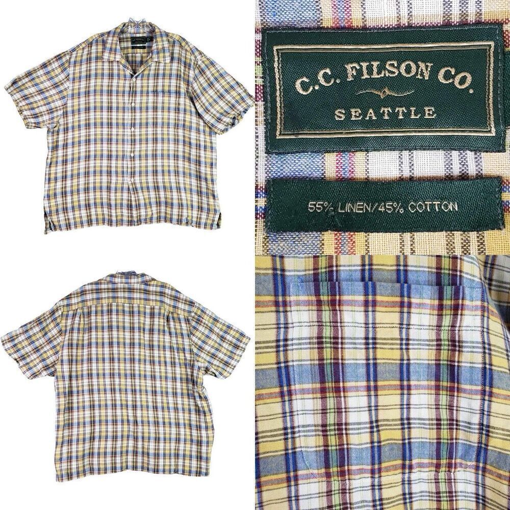 CC Filson Co Shirt Mens XL Plaid Check Button Linen Blend Short Sleeve Western